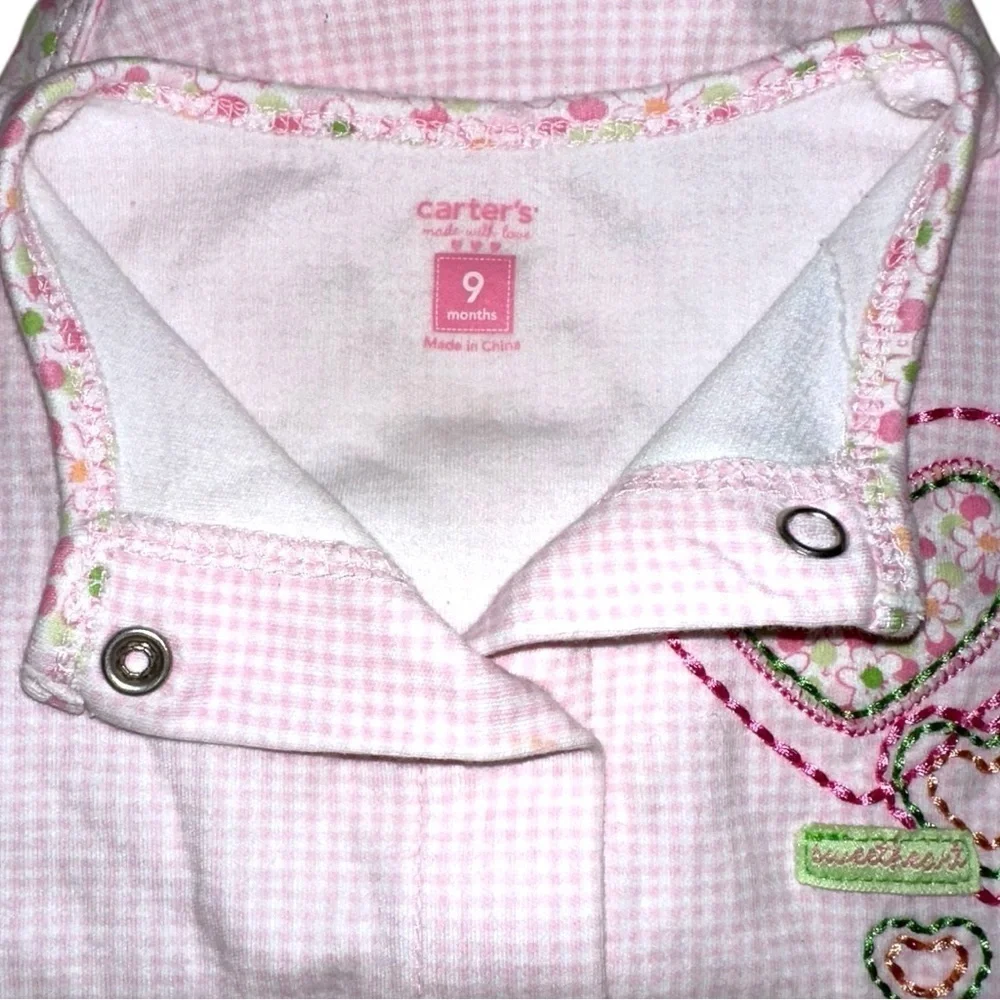Vintage Carter's Romper 9M Pink Gingham, Ruffle Back, Hearts, Cottagecore